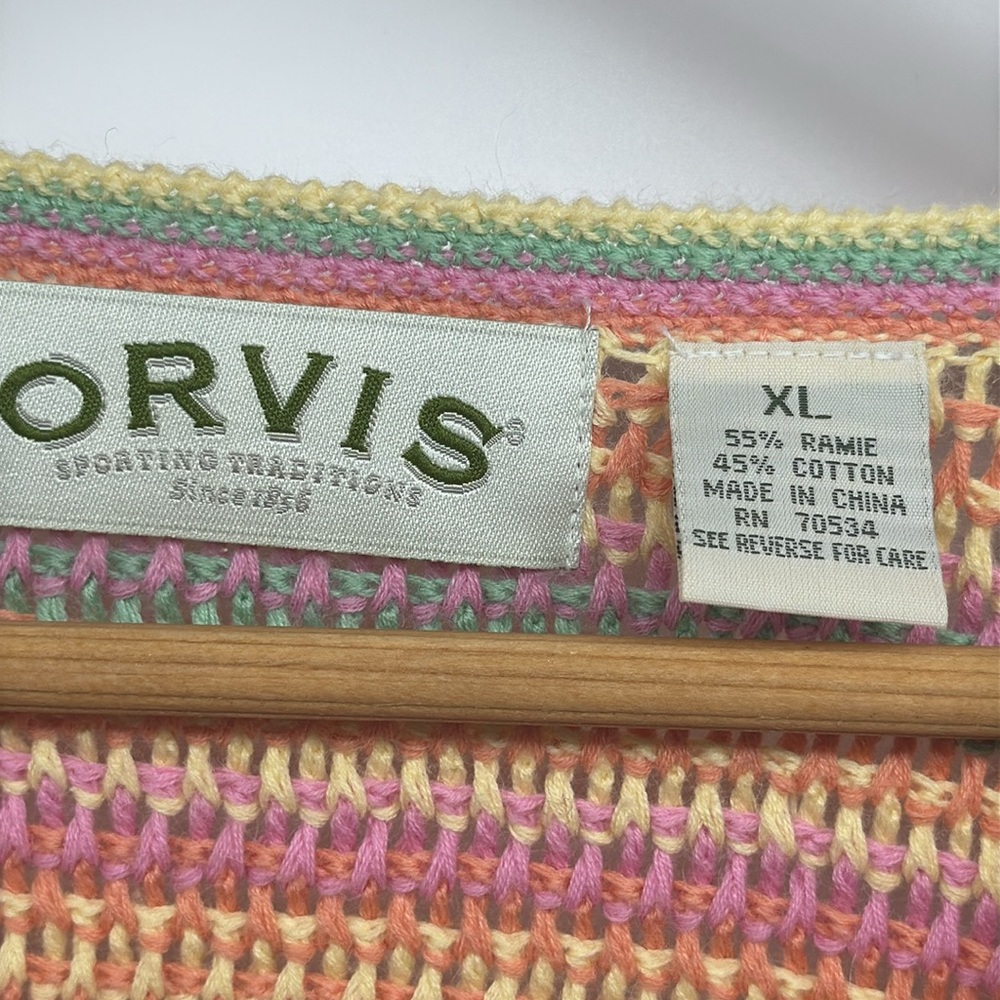 ORVIS Crewneck Ramie/Cotton‎ Open-Knit Sweater Pastel Multi-Color Stripes Sz XL - Picture 5 of 8